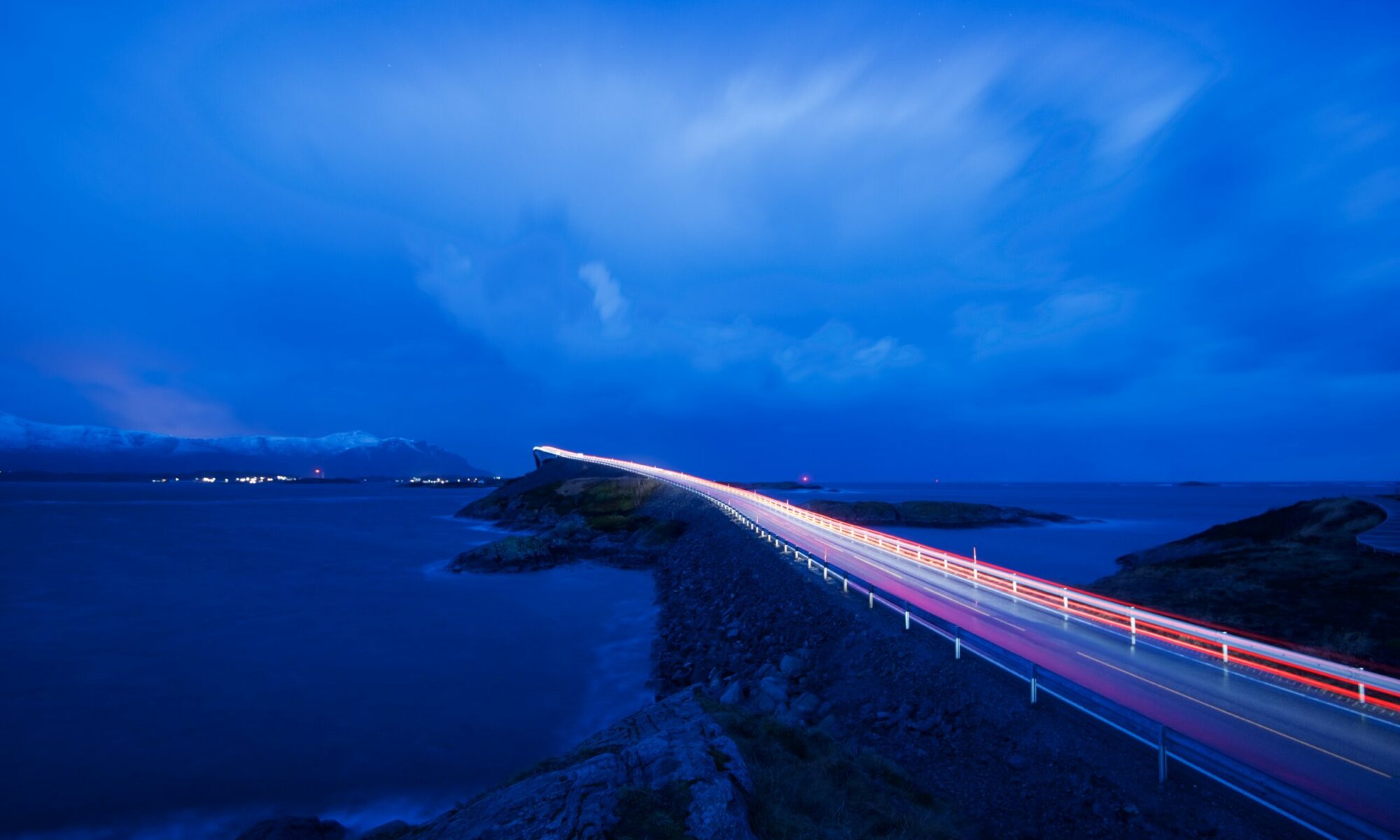 FJORDS NORWAY - A winter night at the Storseisundbrua Bridge on the Atlantic Road.