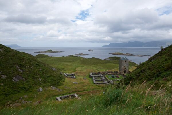 View from Sunnivahulen (the Sunniva Cave) in the hill above Selja Monastery outside Selje in Nordfjord.