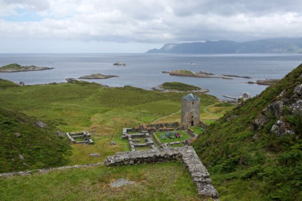 View from Sunnivahulen (the Sunniva Cave) in the hill above Selja Monastery outside Selje in Nordfjord.