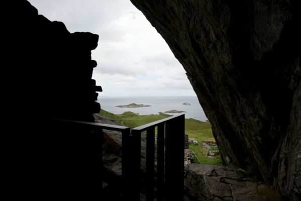 View from Sunnivahulen (the Sunniva Cave) in the hill above Selja Monastery outside Selje in Nordfjord.