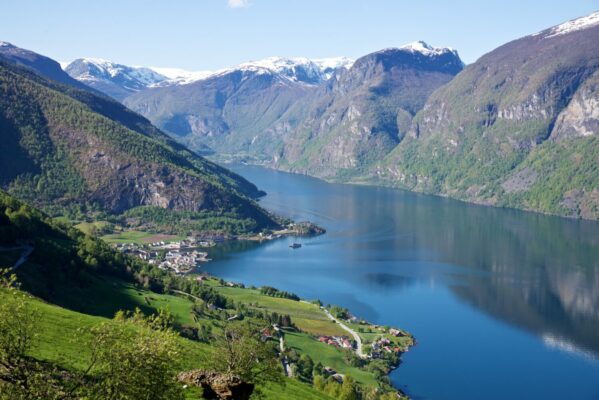 From the road between Stegastein viewpoint and Aurland. View towards Aurland and the Aurlandsfjord.