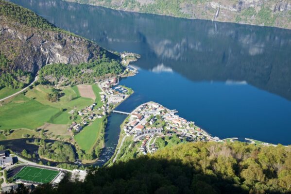 Morning mood at Stegastein viewpoint. View towards Aurland and the Aurlandsfjord.