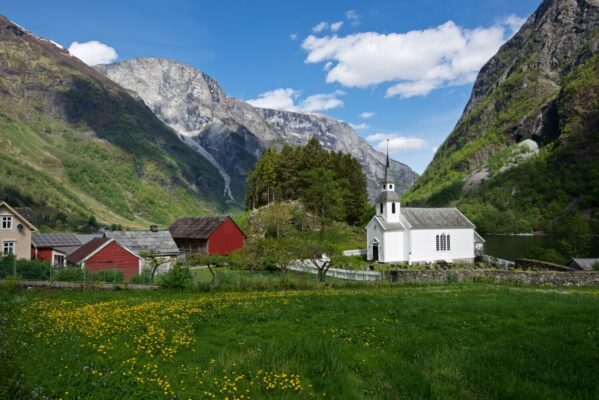 Bakka and Bakka Church by the Nærøyfjord.