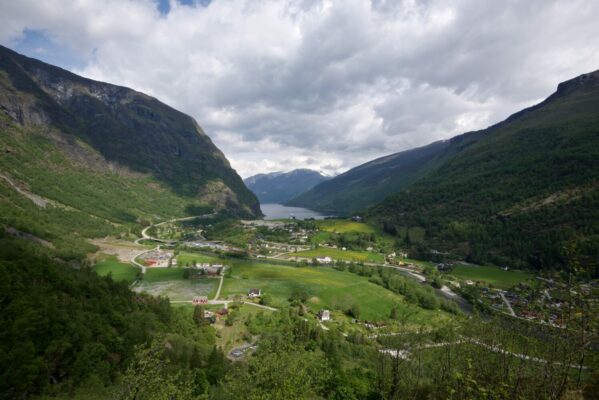 View from Brekkefossen Waterfall towards Flåm.