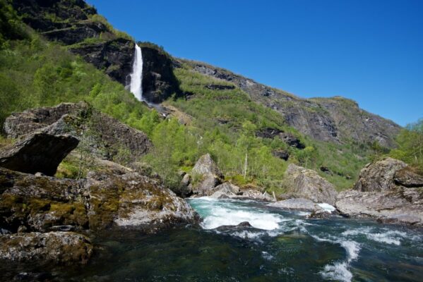 Rjoandefossen Waterfall in Fthe låm valley, 5.5 kilometer south of Flåm.